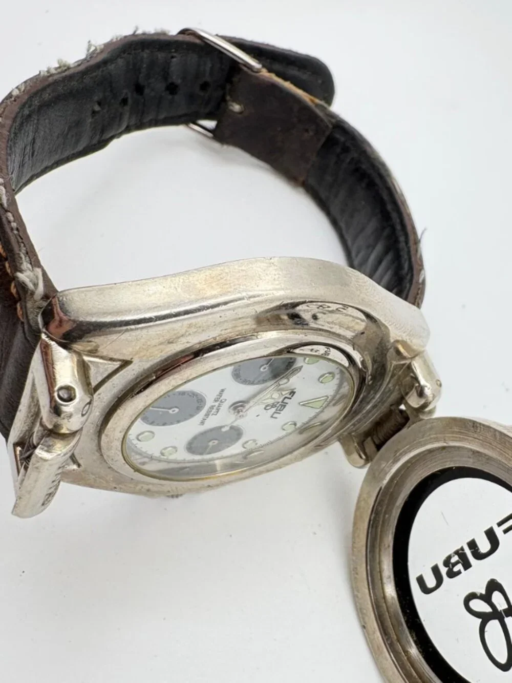 Vintage FUBU Mens Quartz Watch Hinged Flip Cover Silver Tone Leather Band Works
